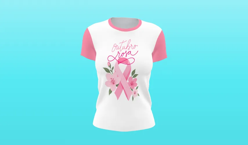 Camisa linda com logo no peito trazendo o laço rosa e frase inspiradora sobre a luta contra o câncer de mama