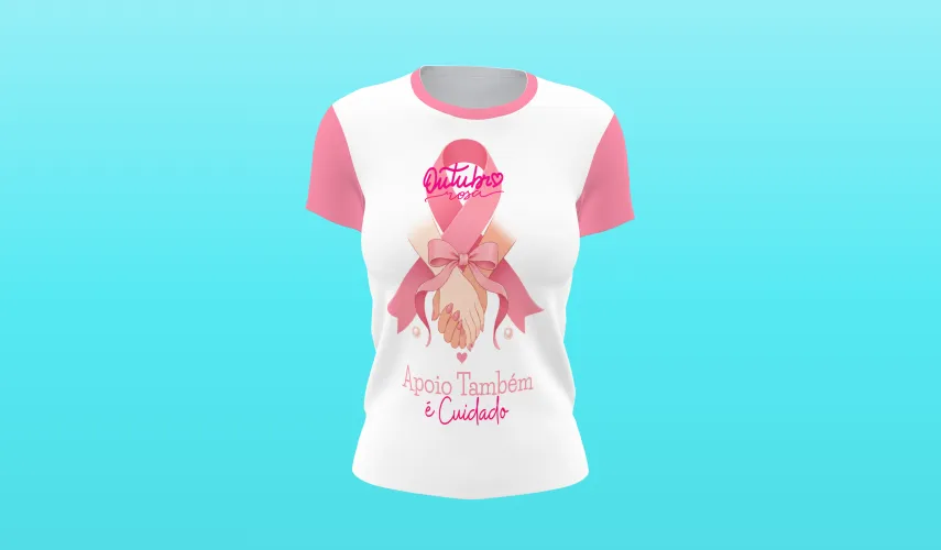 Camisa linda com logo no peito trazendo o laço rosa e frase inspiradora sobre a luta contra o câncer de mama