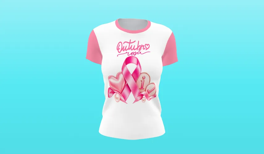 Camisa linda com logo no peito trazendo o laço rosa e frase inspiradora sobre a luta contra o câncer de mama