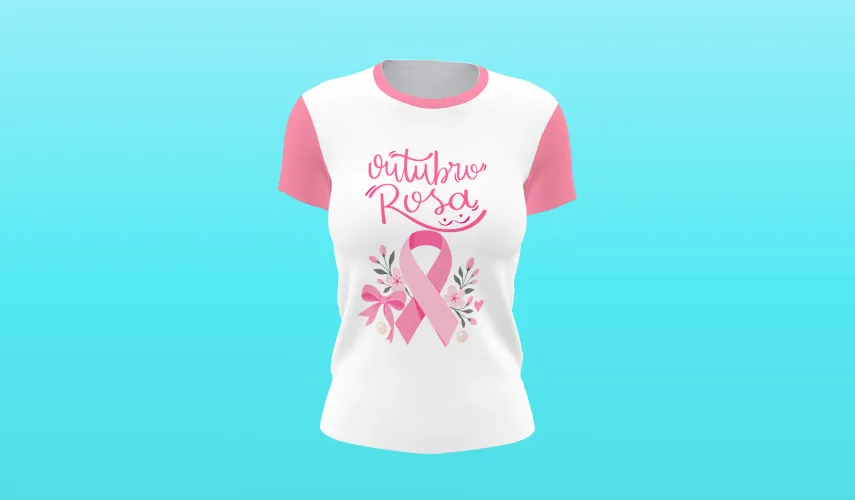 Camisa linda com logo no peito trazendo o laço rosa e frase inspiradora sobre a luta contra o câncer de mama