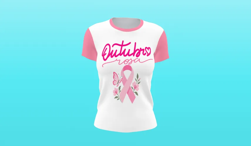Camisa linda com logo no peito trazendo o laço rosa e frase inspiradora sobre a luta contra o câncer de mama
