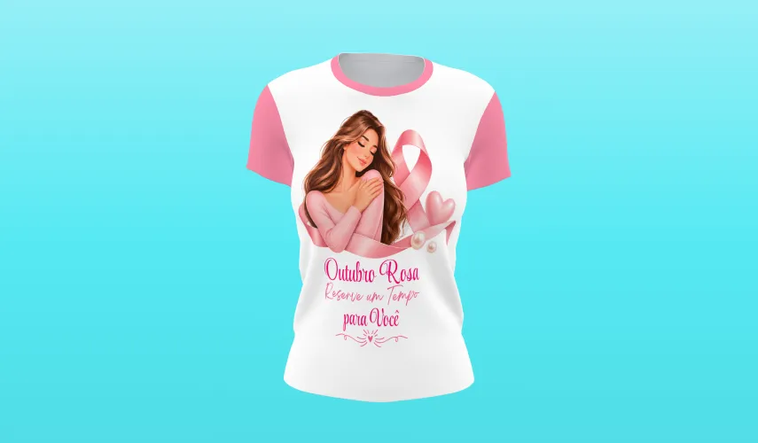 Camisa linda com logo no peito trazendo o laço rosa e frase inspiradora sobre a luta contra o câncer de mama
