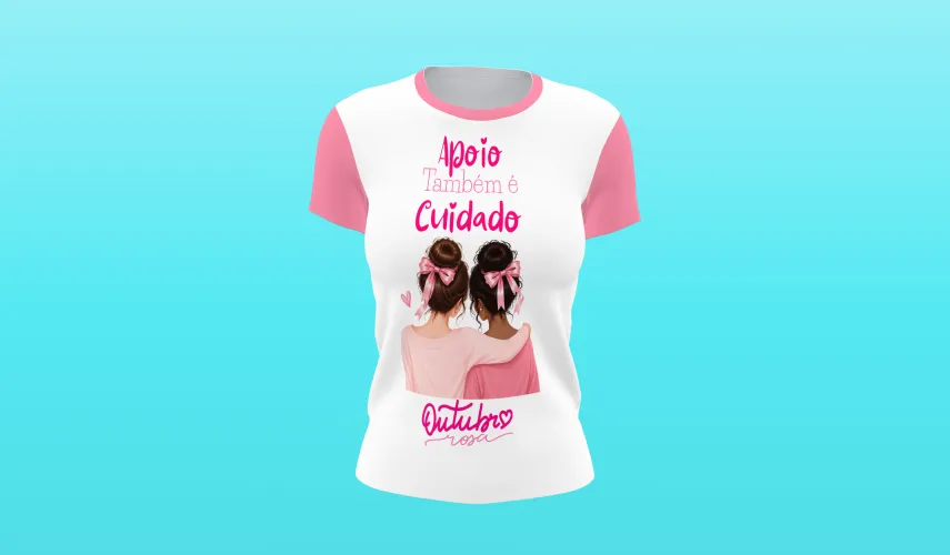 Camisa linda com logo no peito trazendo o laço rosa e frase inspiradora sobre a luta contra o câncer de mama