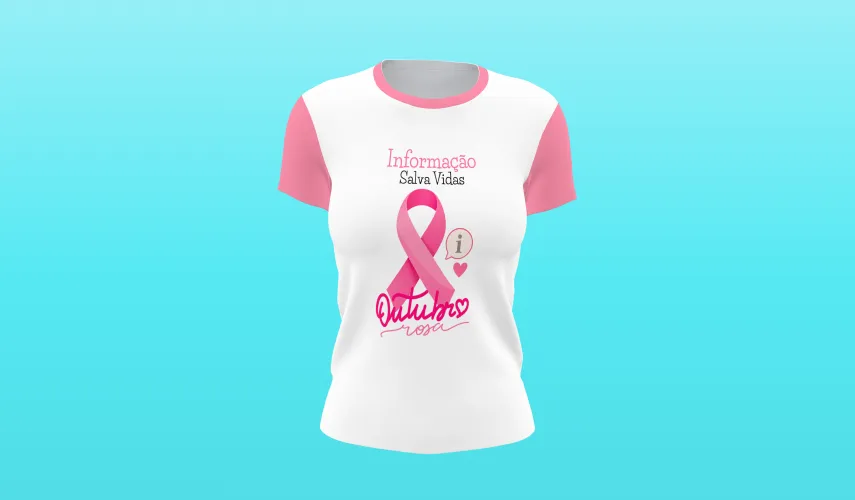 Camisa linda com logo no peito trazendo o laço rosa e frase inspiradora sobre a luta contra o câncer de mama