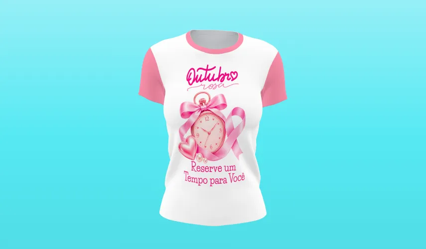 Camisa linda com logo no peito trazendo o laço rosa e frase inspiradora sobre a luta contra o câncer de mama