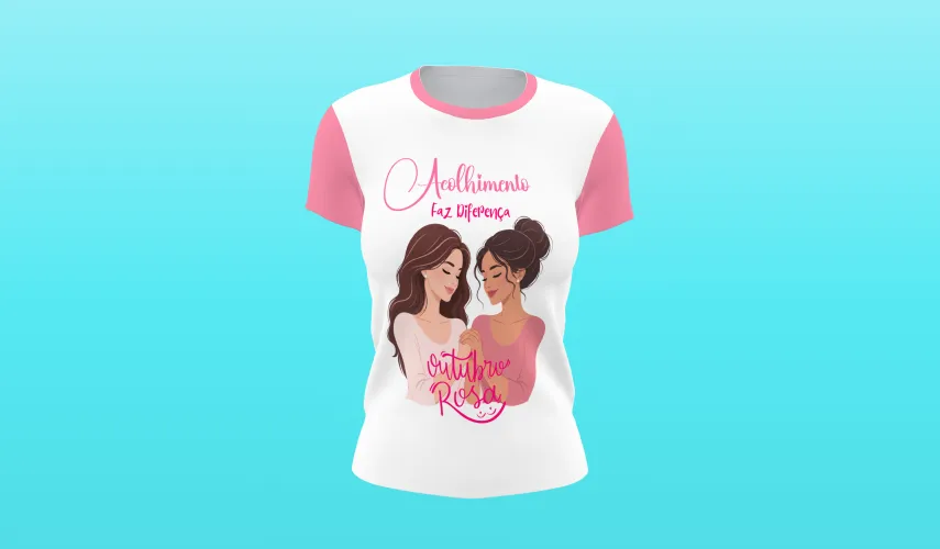 Camisa linda com logo no peito trazendo o laço rosa e frase inspiradora sobre a luta contra o câncer de mama