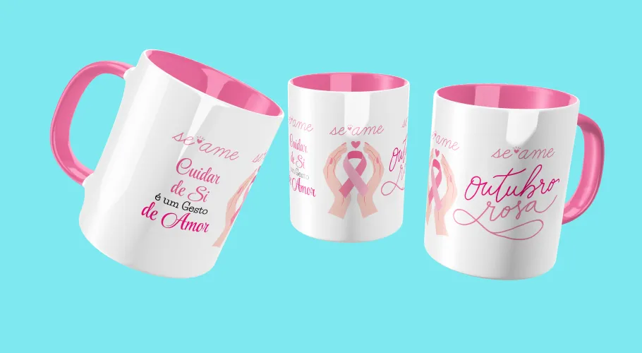 Caneca Outubro Rosa, transmitindo força e união pela conscientização do câncer de mama.