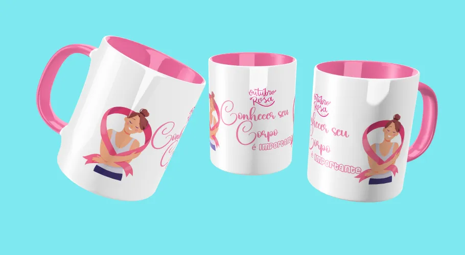 Caneca Outubro Rosa, transmitindo força e união pela conscientização do câncer de mama.