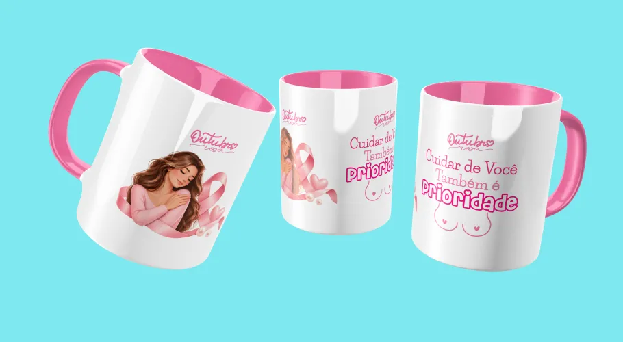 Caneca Outubro Rosa, transmitindo força e união pela conscientização do câncer de mama.