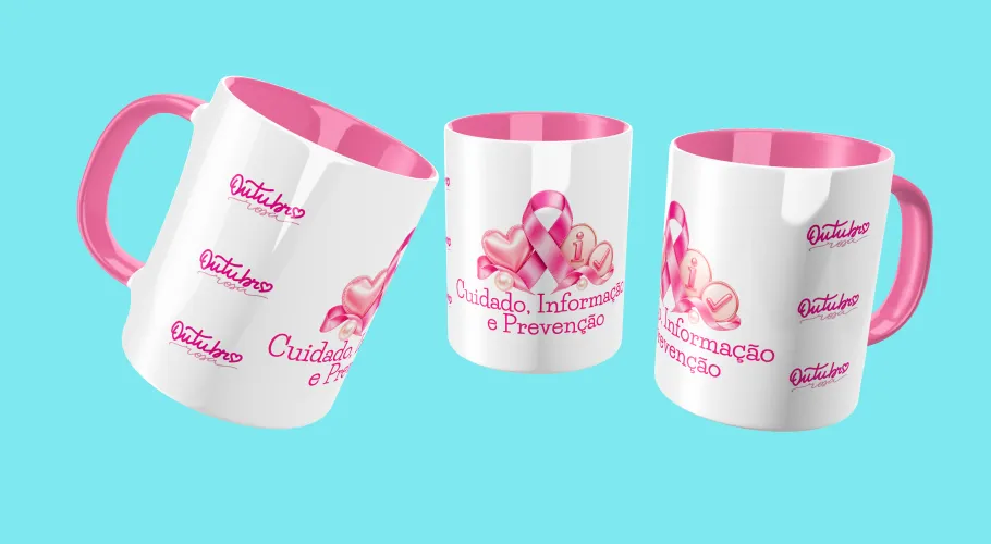 Caneca Outubro Rosa, transmitindo força e união pela conscientização do câncer de mama.