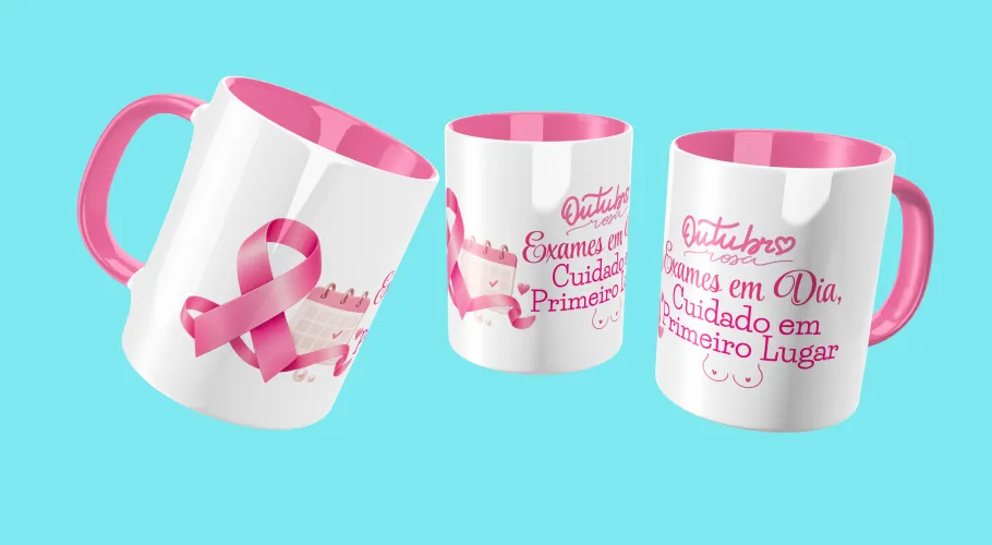Caneca Outubro Rosa, transmitindo força e união pela conscientização do câncer de mama.