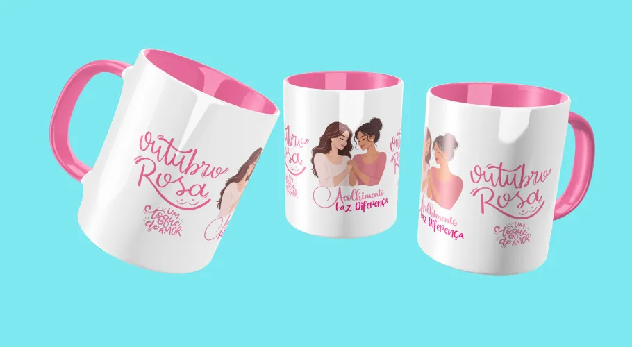 Caneca Outubro Rosa, transmitindo força e união pela conscientização do câncer de mama.