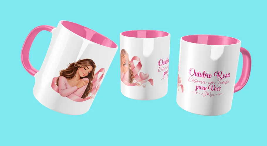 Caneca Outubro Rosa, transmitindo força e união pela conscientização do câncer de mama.