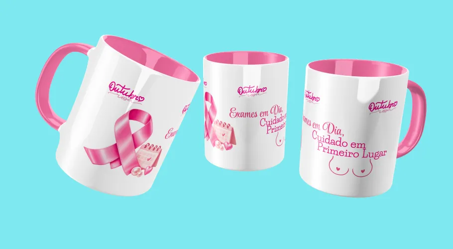 Caneca Outubro Rosa, transmitindo força e união pela conscientização do câncer de mama.