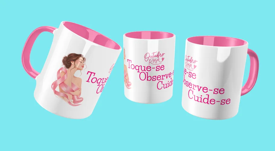 Caneca Outubro Rosa, transmitindo força e união pela conscientização do câncer de mama.