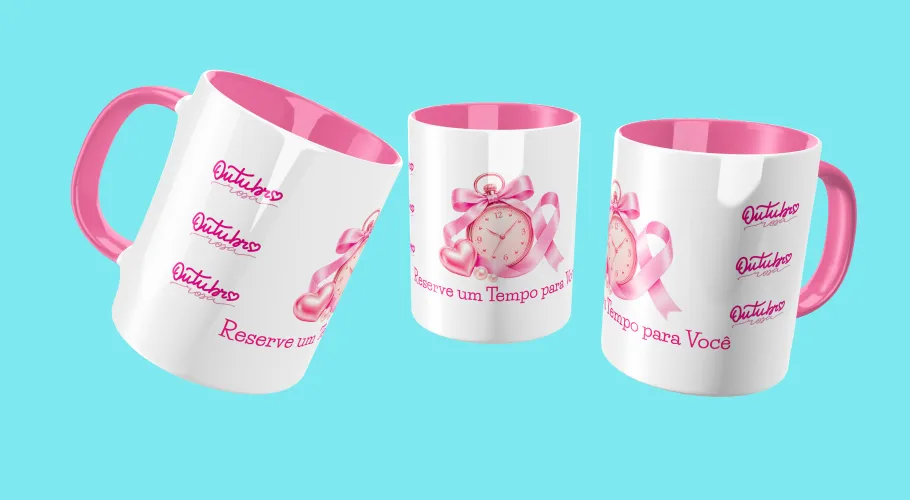 Caneca Outubro Rosa, transmitindo força e união pela conscientização do câncer de mama.