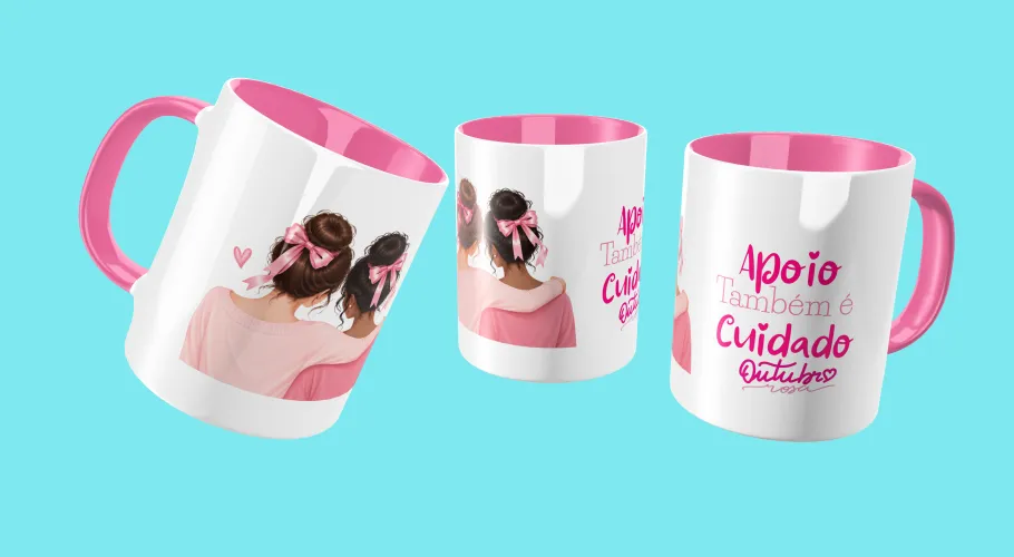 Caneca Outubro Rosa, transmitindo força e união pela conscientização do câncer de mama.