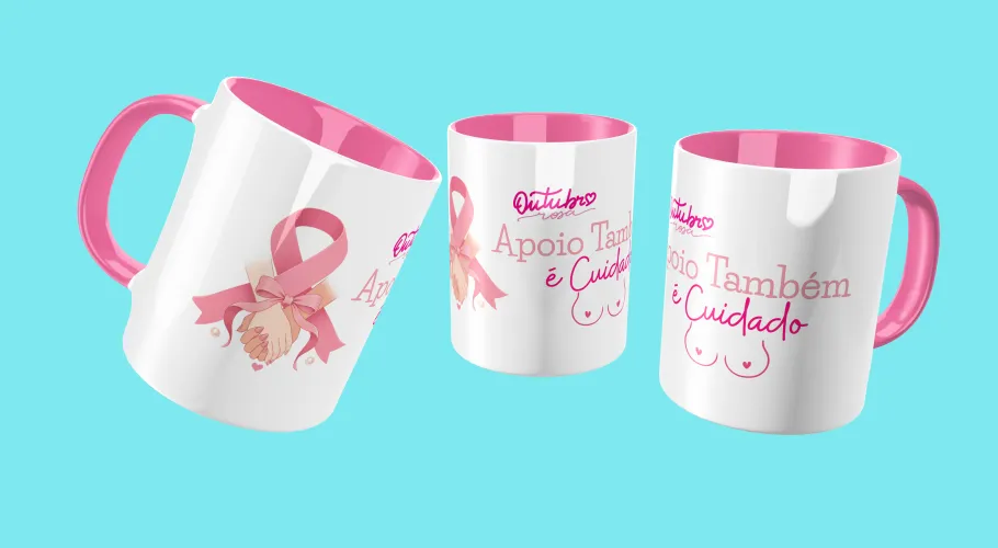 Caneca Outubro Rosa, transmitindo força e união pela conscientização do câncer de mama.