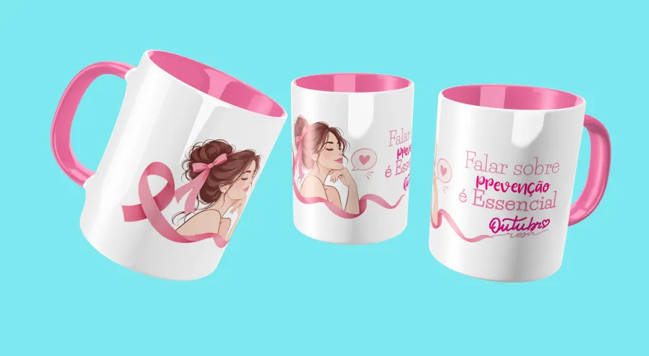 Caneca Outubro Rosa, transmitindo força e união pela conscientização do câncer de mama.