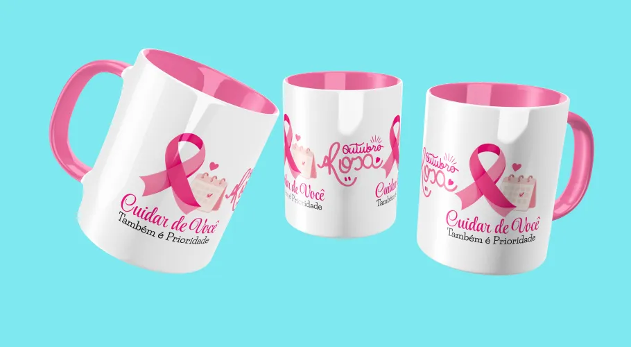 Caneca Outubro Rosa, transmitindo força e união pela conscientização do câncer de mama.