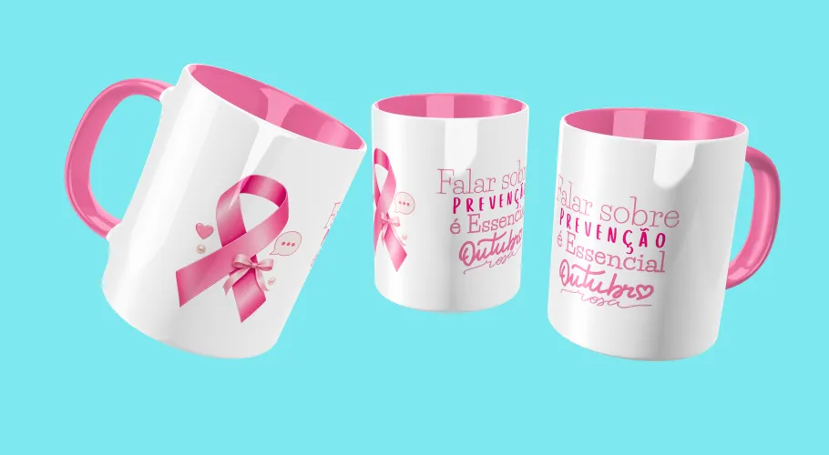 Caneca Outubro Rosa, transmitindo força e união pela conscientização do câncer de mama.