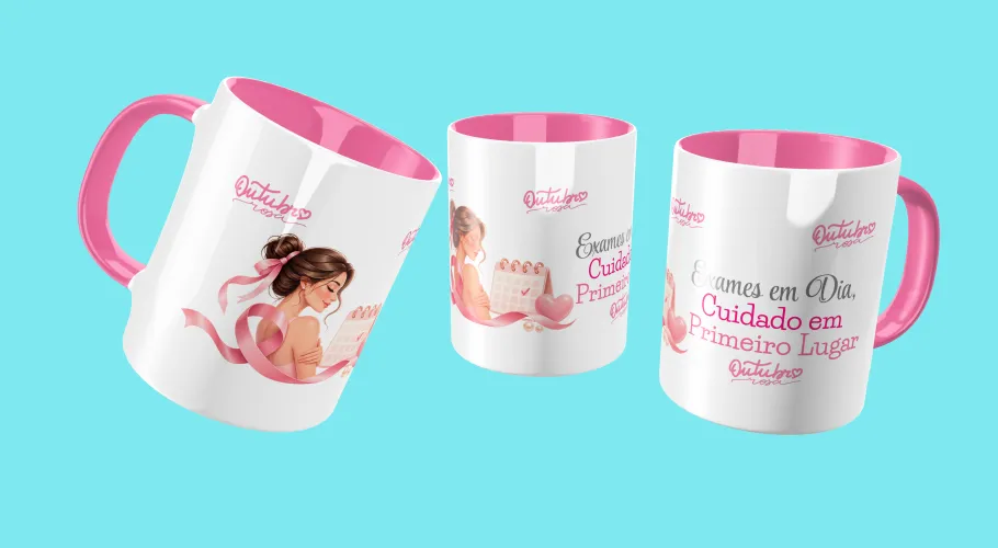 Caneca Outubro Rosa, transmitindo força e união pela conscientização do câncer de mama.