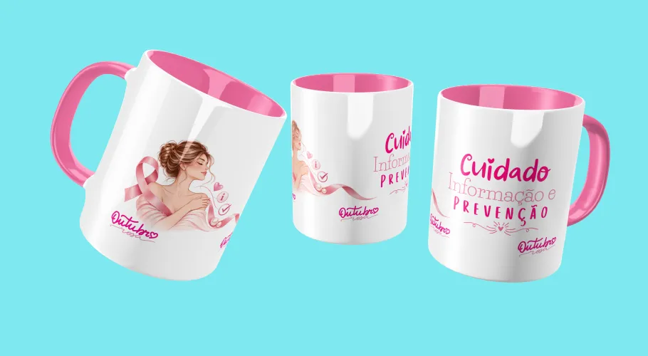 Caneca Outubro Rosa, transmitindo força e união pela conscientização do câncer de mama.