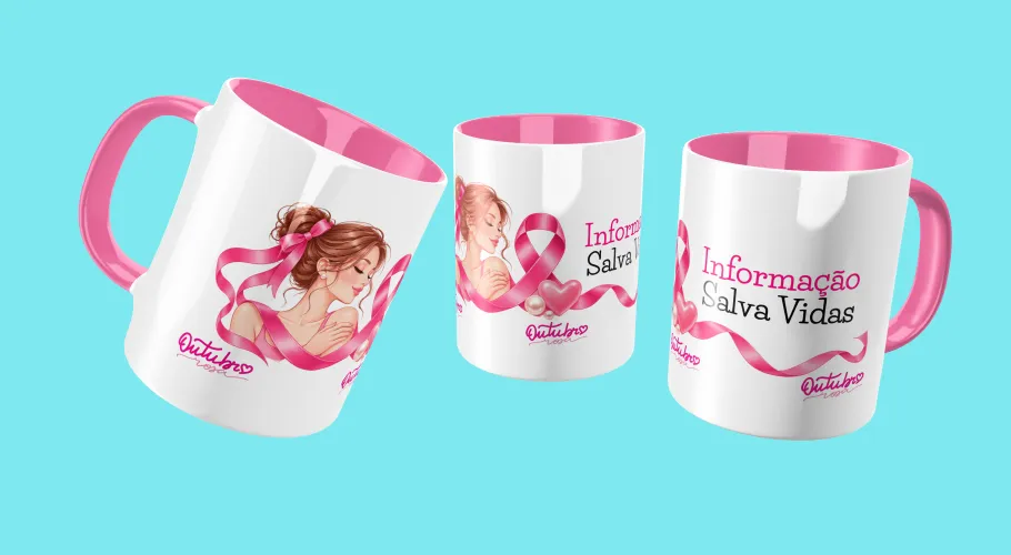 Caneca Outubro Rosa, transmitindo força e união pela conscientização do câncer de mama.