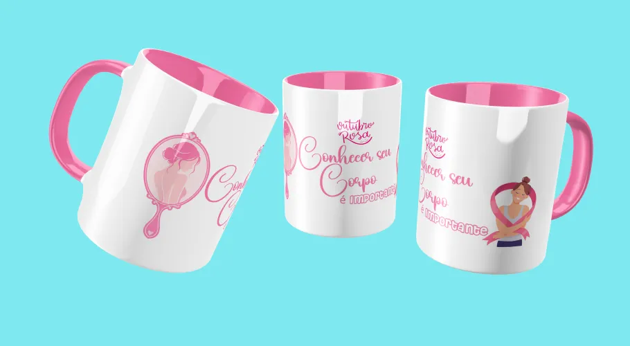 Caneca Outubro Rosa, transmitindo força e união pela conscientização do câncer de mama.