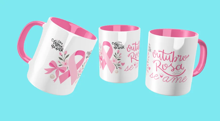Caneca Outubro Rosa, transmitindo força e união pela conscientização do câncer de mama.