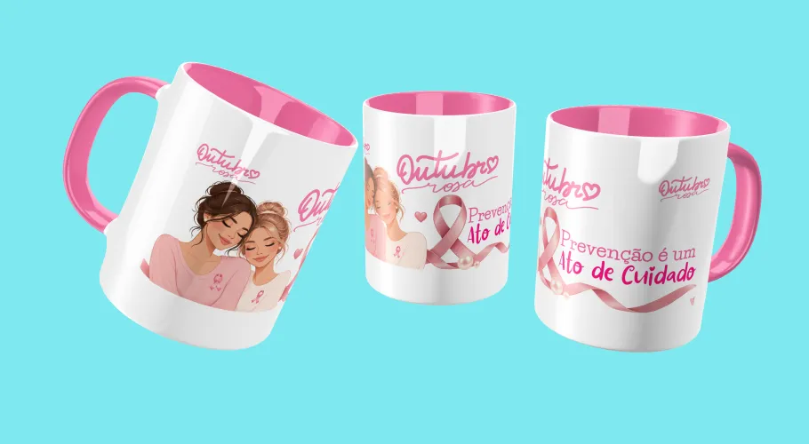 Caneca Outubro Rosa, transmitindo força e união pela conscientização do câncer de mama.