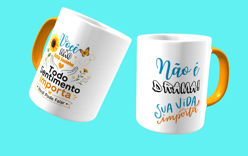 Caneca com visual moderno, ideal para destacar a mensagem de prevenção e apoio ao Setembro Amarelo.