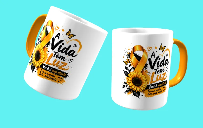 Caneca com visual moderno, ideal para destacar a mensagem de prevenção e apoio ao Setembro Amarelo.