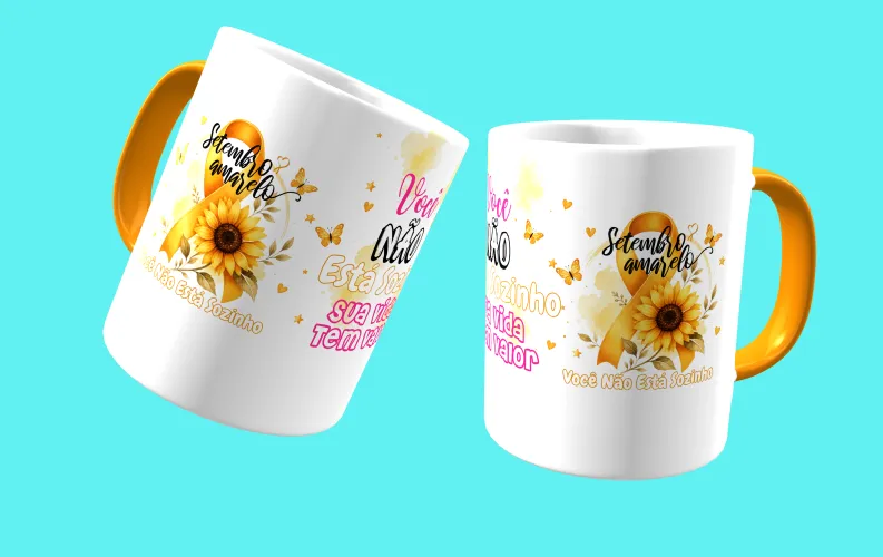 Caneca com visual moderno, ideal para destacar a mensagem de prevenção e apoio ao Setembro Amarelo.