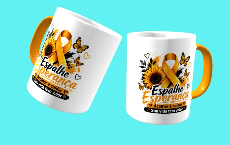 Caneca com visual moderno, ideal para destacar a mensagem de prevenção e apoio ao Setembro Amarelo.