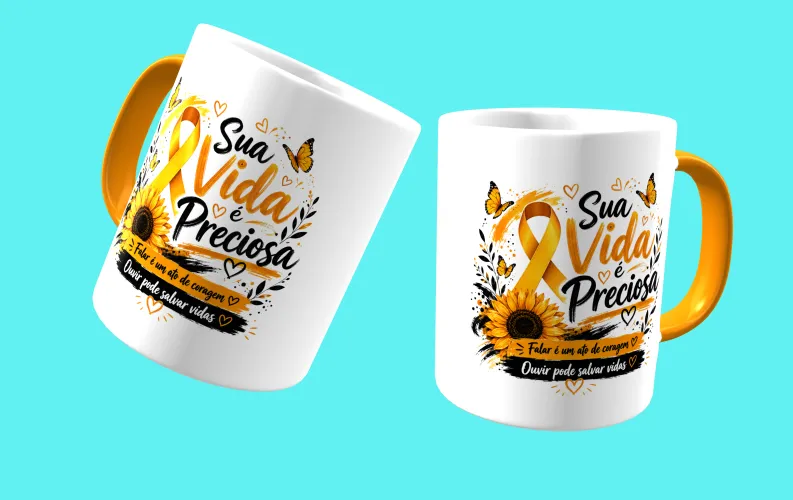 Caneca com visual moderno, ideal para destacar a mensagem de prevenção e apoio ao Setembro Amarelo.