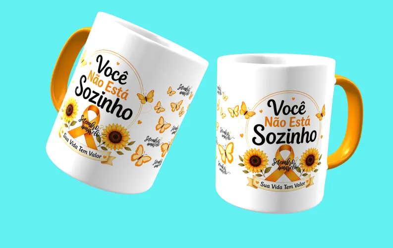 Caneca com visual moderno, ideal para destacar a mensagem de prevenção e apoio ao Setembro Amarelo.