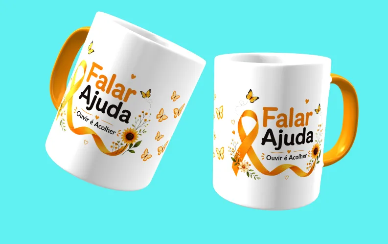Caneca com visual moderno, ideal para destacar a mensagem de prevenção e apoio ao Setembro Amarelo.