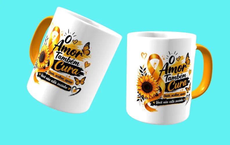 Caneca com visual moderno, ideal para destacar a mensagem de prevenção e apoio ao Setembro Amarelo.