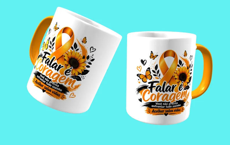 Caneca com visual moderno, ideal para destacar a mensagem de prevenção e apoio ao Setembro Amarelo.