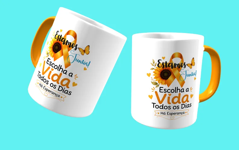 Caneca com visual moderno, ideal para destacar a mensagem de prevenção e apoio ao Setembro Amarelo.