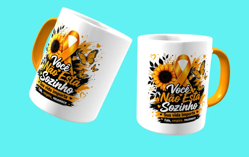 Caneca com visual moderno, ideal para destacar a mensagem de prevenção e apoio ao Setembro Amarelo.