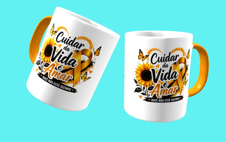 Caneca com visual moderno, ideal para destacar a mensagem de prevenção e apoio ao Setembro Amarelo.