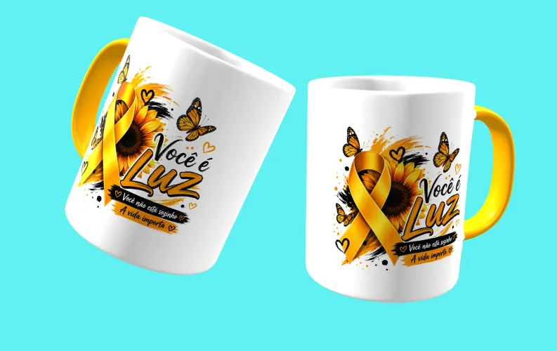 Caneca com visual moderno, ideal para destacar a mensagem de prevenção e apoio ao Setembro Amarelo.