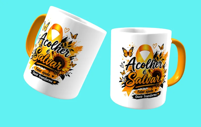 Caneca com visual moderno, ideal para destacar a mensagem de prevenção e apoio ao Setembro Amarelo.