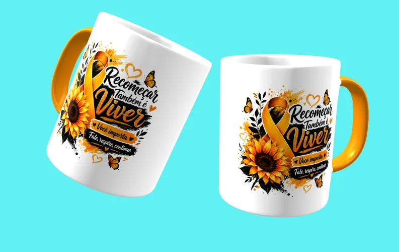 Caneca com visual moderno, ideal para destacar a mensagem de prevenção e apoio ao Setembro Amarelo.