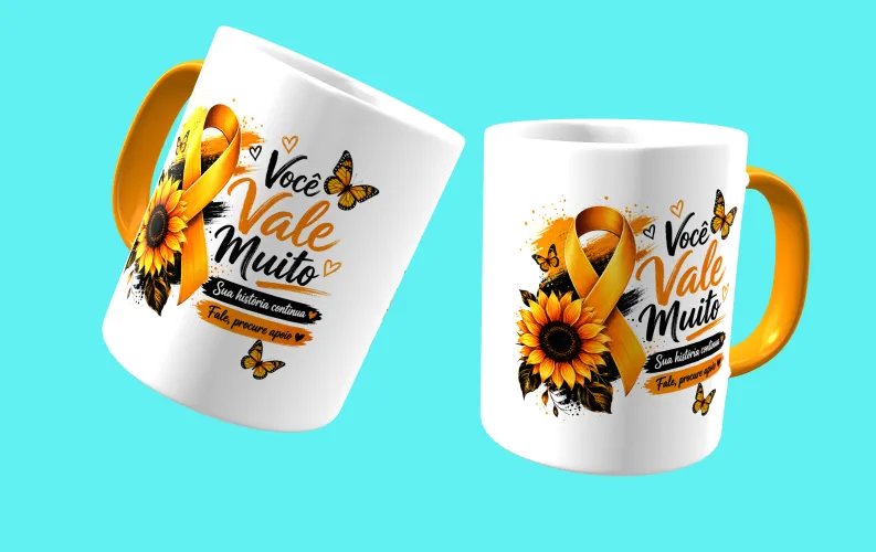 Caneca com visual moderno, ideal para destacar a mensagem de prevenção e apoio ao Setembro Amarelo.