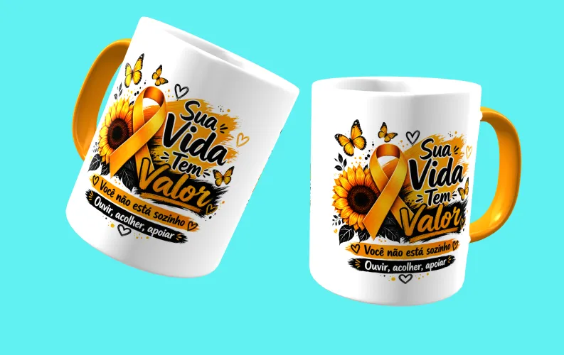 Caneca com visual moderno, ideal para destacar a mensagem de prevenção e apoio ao Setembro Amarelo.