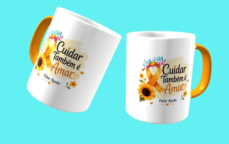 Caneca com visual moderno, ideal para destacar a mensagem de prevenção e apoio ao Setembro Amarelo.