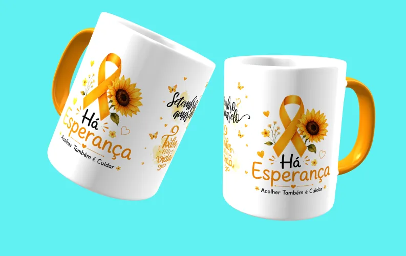 Caneca com visual moderno, ideal para destacar a mensagem de prevenção e apoio ao Setembro Amarelo.